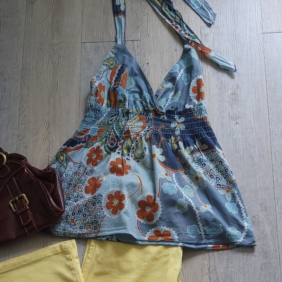 Celine Blue Orange Hues Flower Print Halter Smocked Waist Vintage Halter Top - Picture 6 of 6